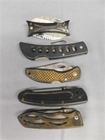 5 folding lock blade pocket knives w/ belt clips:
