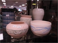 Five art pottery pieces, all signed, including