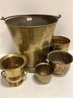 5 brass items: bucket, pail, vase, more