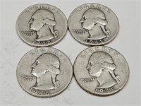4- 1948 S Washington Silver Quarter Coins