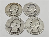 4-1948 Washington Silver Quarter Coins