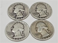 4- 1948 D Washington Silver Quarter Coins