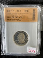 2007 – S silver Washington quarter SGS PR70CAM