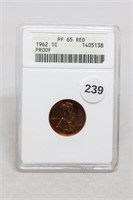 1962 P ANACS Graded PF 65 RD Lincoln Cent