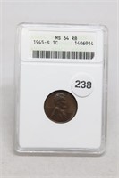 1945 S ANACS Graded MS 64 RB Lincoln Wheat cent