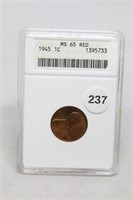 1945 P ANACS Graded MS 65 RED Lincoln Wheat Cent