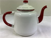 Vintage Enamel Red and White TeaPot  (has some