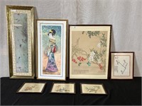 7pc Fr. Asian Art: Geisha, Dragonflies, Flowers