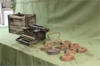 Crate of Vintage Irons & Vintage Typewriter