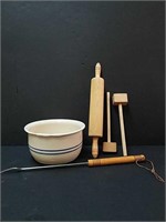 Pottery Bowl and Wooden Utensils.