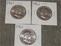 3 Uncirculated 1961 Frankliin SILVER Half Dollars