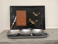 Vintage Couroc Cheese Board and Metal Tray w