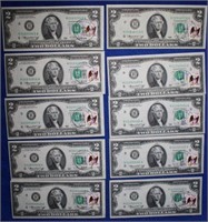 Ten $2 Bills, 1976 Stamp Postmarked Currency Bills