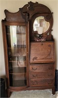Antique Curved Glass, Mirrored Desk Curio Cabinet