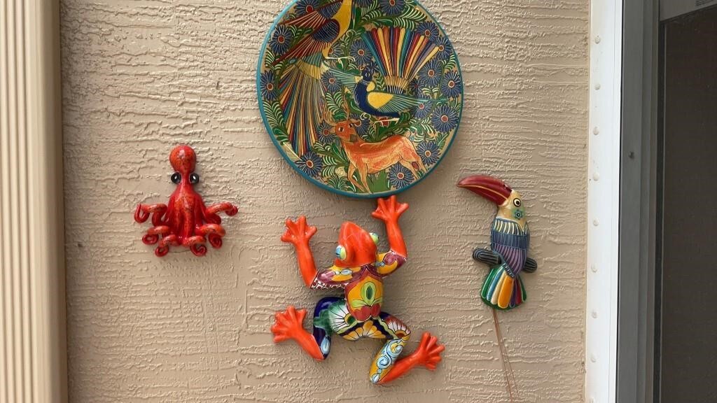 Ceramic painted wall art, frog, toucan, plate