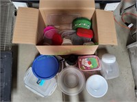 Box of Plastic Bowls, Lids & More