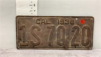 1938 CALIFORNIA LICENSE PLATE