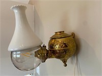 Antique Brass Angle Oil Lamp Milk Glass Shade