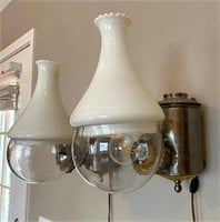 Pair Angle Oil Lamps Milk Glass Shades Converted