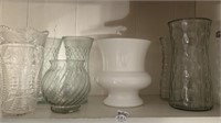 Lot of vases. 5.5" to 10".  Five glass, 2 plastic