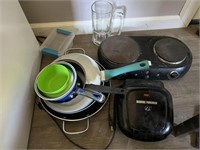 LOT OF MISC KITCHEN ITEMS PANS, HOT PLATE, ETC.