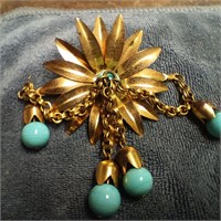 Gold Toned & Turquoise Bead Brooch