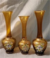 Set of 3 Brown Glass Handpainted Vases