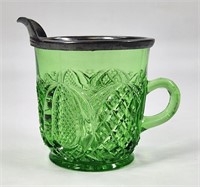 ANTIQUE GREEN CUT GLASS CREAMER W/ SILVER RIM