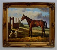 Oil On Canvas Painting Horse & Dog - 705