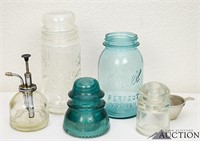 Vintage Ball Mason Jar, (2) Glass Insulators