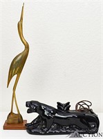 Art Deco Black Panther TV Lamp, Carved Crane
