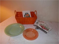 Orange basket with napkins, Fireking saucer-