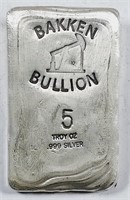 Unique;  Bakken Bullion  5 Troy oz .999 silver bar
