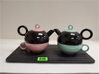 Mid century stacking teapots, cups (2)