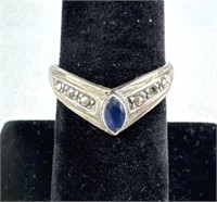 925 Silver Marcasite & Blue Stone V Ring