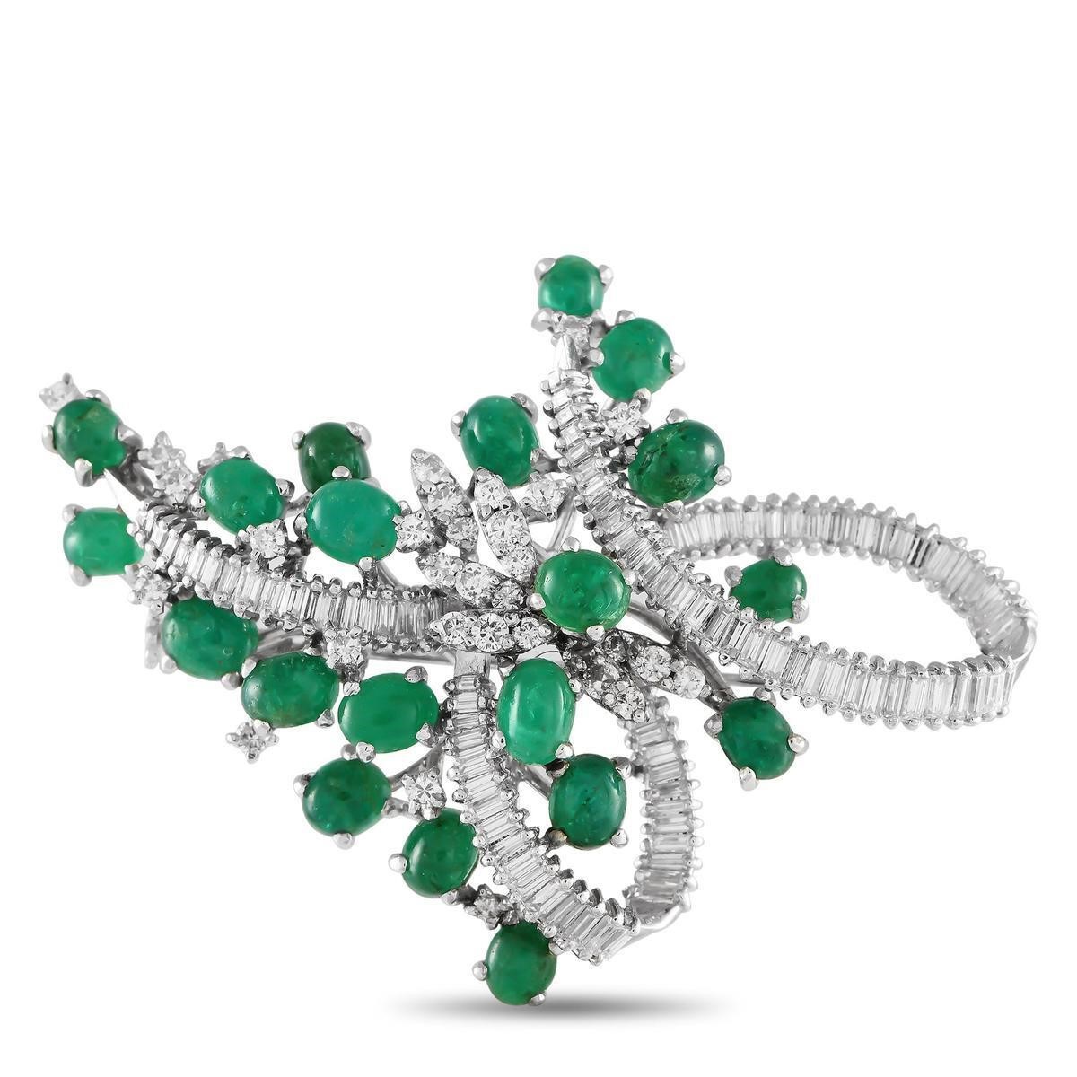 14K White Gold 3.60ct Diamond and Emerald Brooch