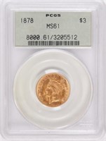 Coin 1878 U.S. $3 Gold Certified PCGS MS61