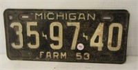 1953 farm Michigan license plate.
