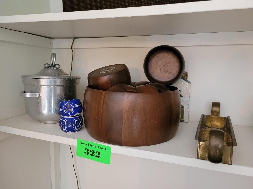 Walnut Salad Set and Hammered Aluminum Ice Bucket