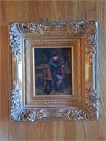 Signed Painting in Ornate Frame, Man with Umbrella