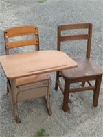 Childs metal and wood desk, and wood chair