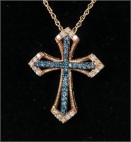 10K Rose gold blue and white diamond cross with