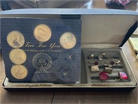 Tie tacks, brass US president coins & jewelry box