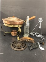 Vintage pan with candle heater,  glass pop bottle