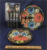 Pair of Wooden Painted Plates and Chisel Set