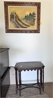 Framed Painting on Canvas; Antique Side Table