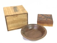 2 Vtg Carved Wood Boxes & Bowl