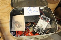 TIN BREADBOX FULL OF ELECTRICAL ITEMS