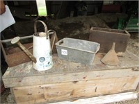 WOOD BOX , METAL TOTE, METAL PAN W/ WOOD HANDLE