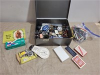 Metal Box of Vintage Items, Knives, Poker Chips